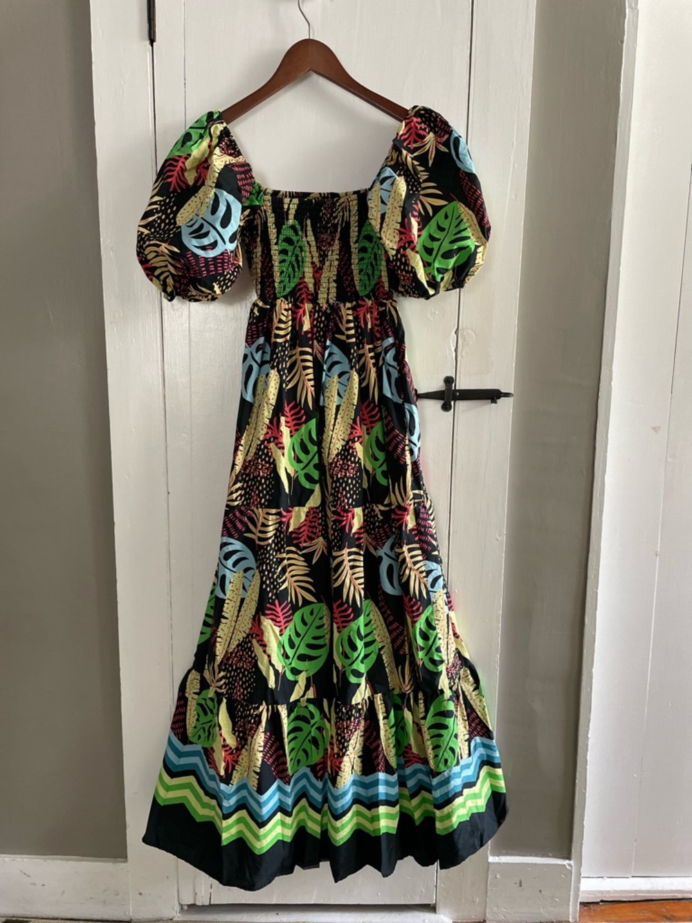 Tropical Puff Sleeve Maxi Dress - Black with Bright Leaf Print - 100% Cotton S